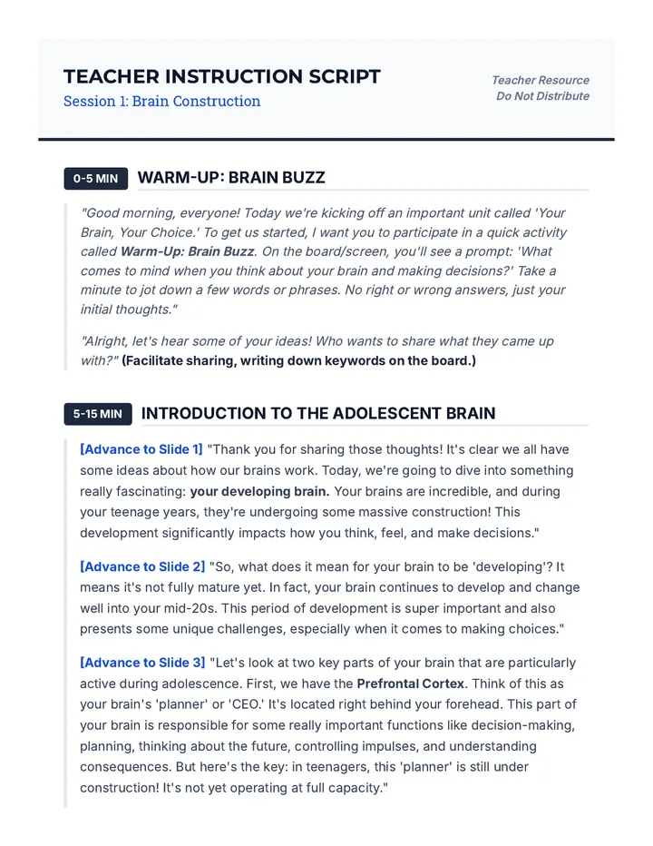 Brain Construction Teacher Script