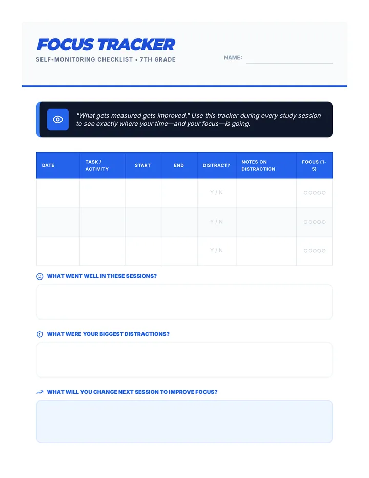 Focus Tracker Checklist Worksheet