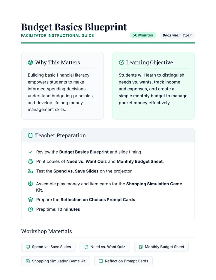 Budget Basics Blueprint Teacher Guide