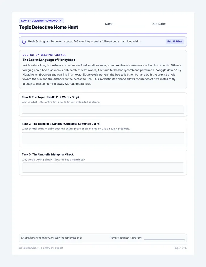 Core Idea Homework Worksheets
