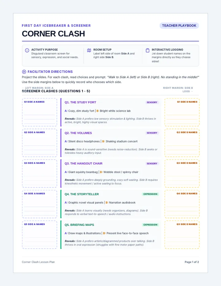 Corner Clash Teacher Guide
