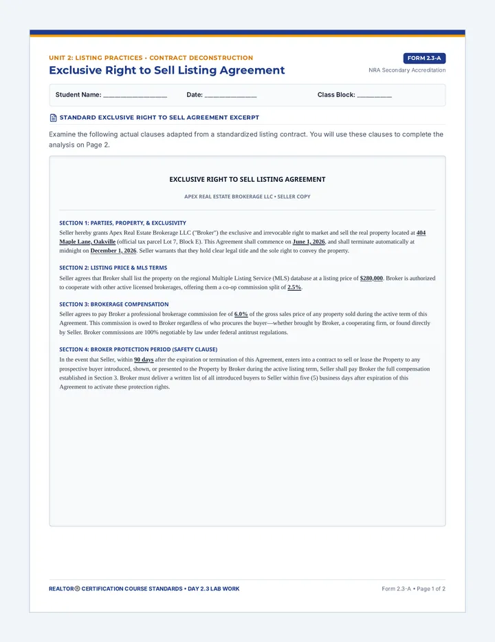 Listing Contract Worksheet