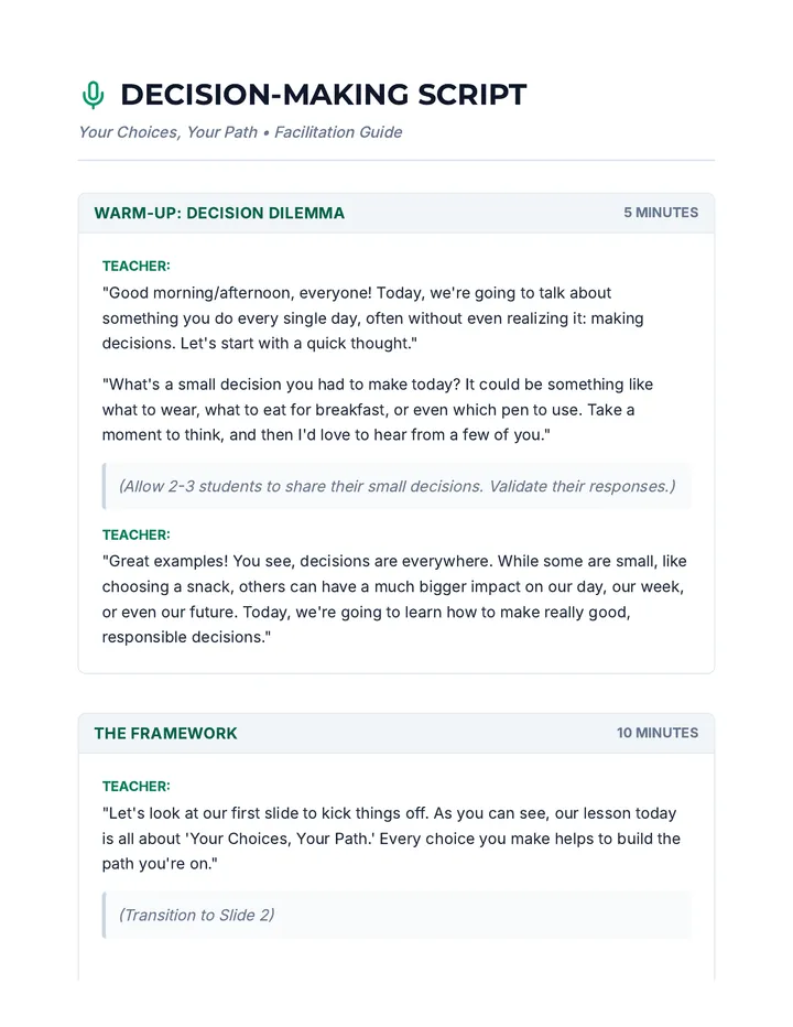 Decision Making Script Teacher Resource