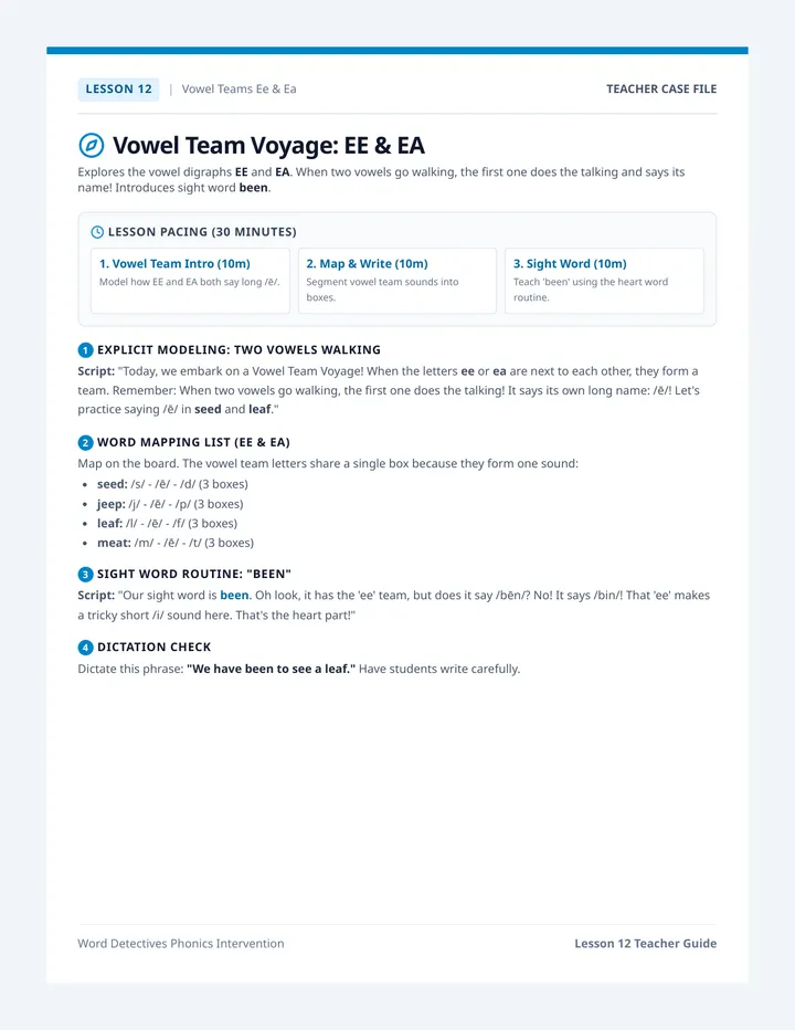 Vowel Team Voyage Ee and Ea Teacher Guide
