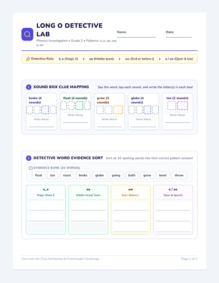 Long O Detectives Worksheet