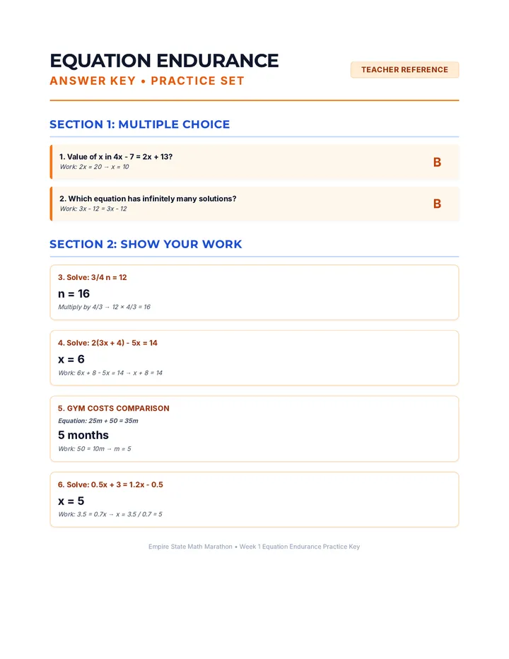 Equation Endurance Practice Set Answer Key