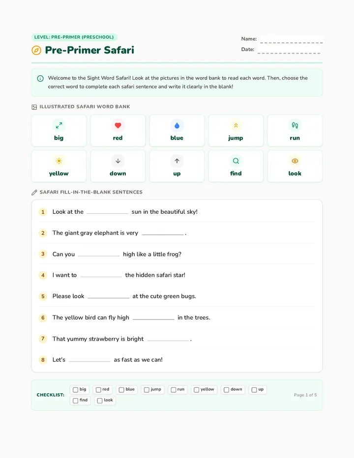 Pre-Primer Safari Worksheet