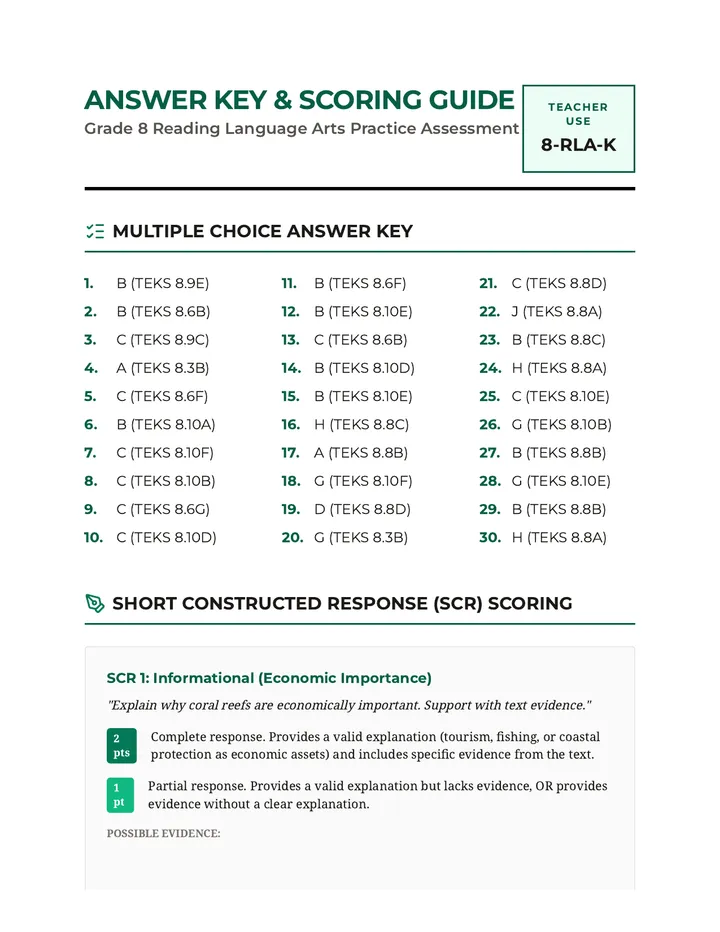 STAAR Practice Assessment Answer Key