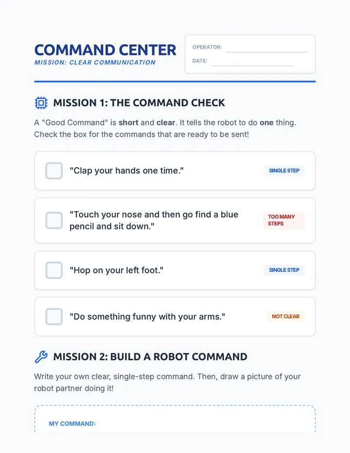 Robot Command Worksheet