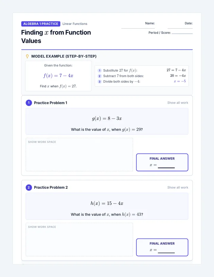 Function Values Practice Worksheet