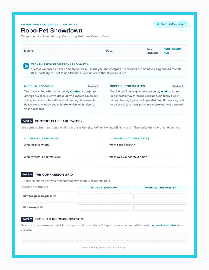 Robo-Pet Showdown Worksheet