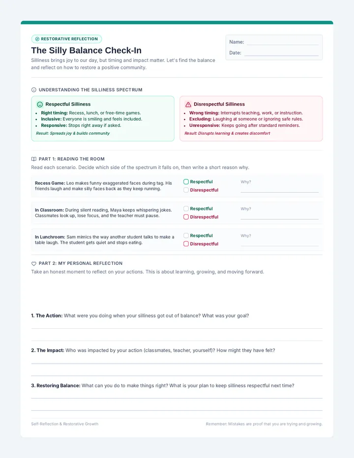 Silly Balance Reflection Sheet page 1