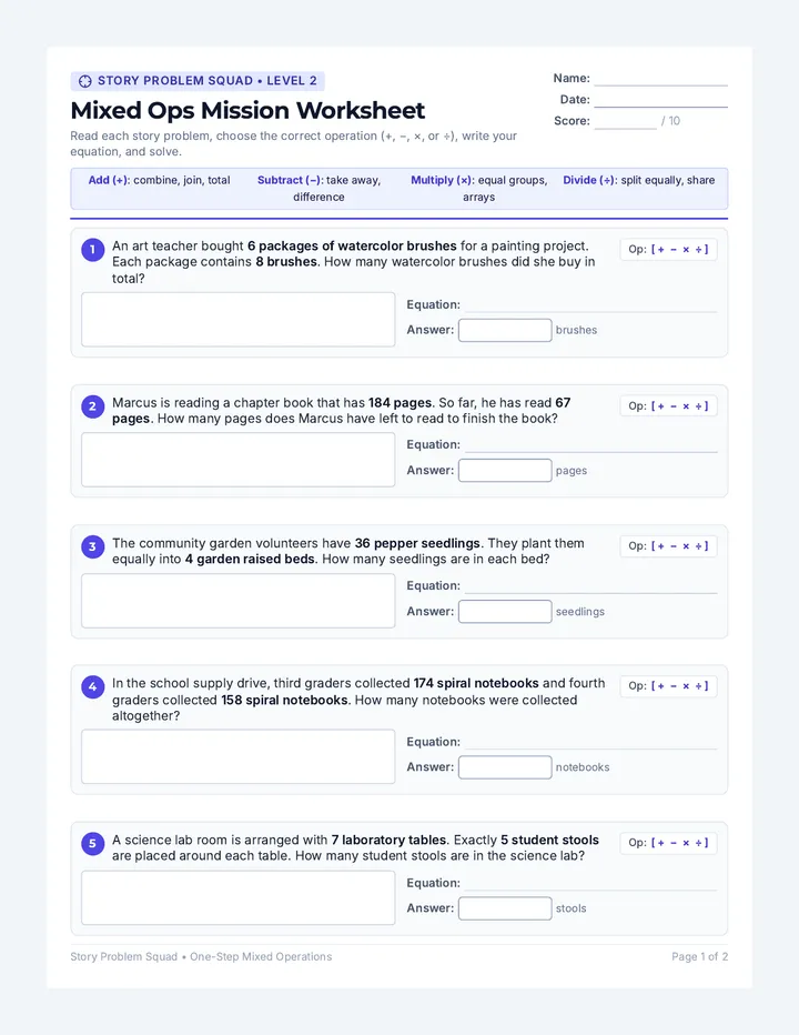 Mixed Ops Mission Worksheet