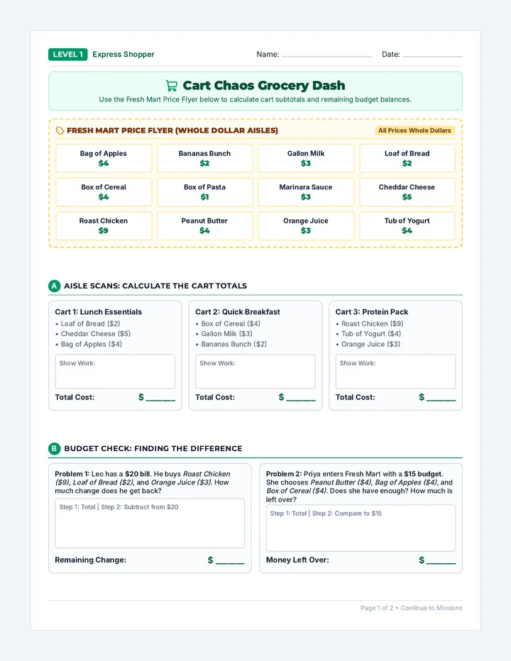 Cart Chaos Level One Worksheet