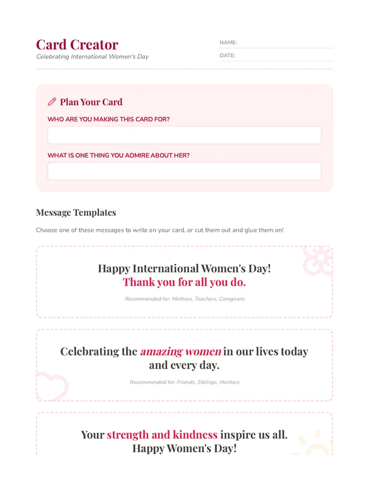 Printable Card Templates Worksheet
