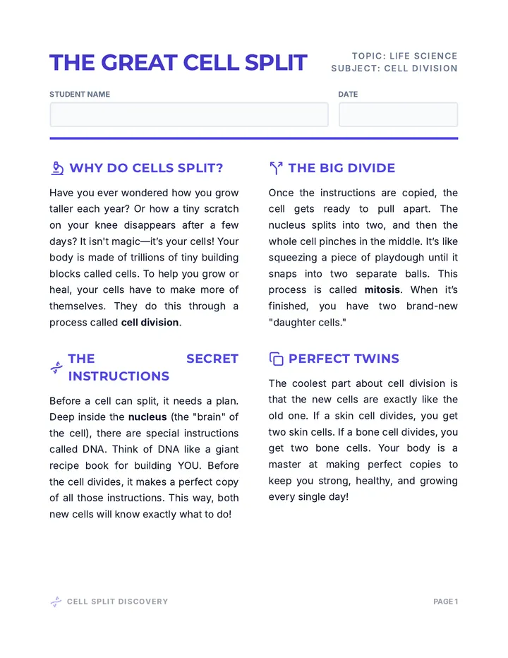 Cell Split Reading Passage