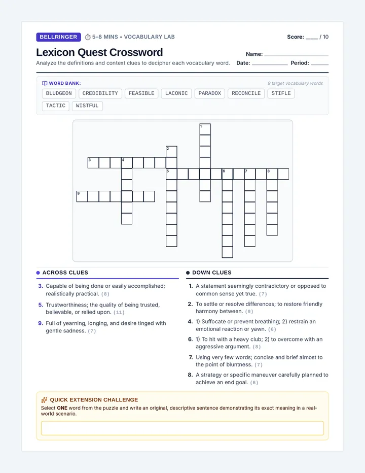 Crossword Bellringer Worksheet