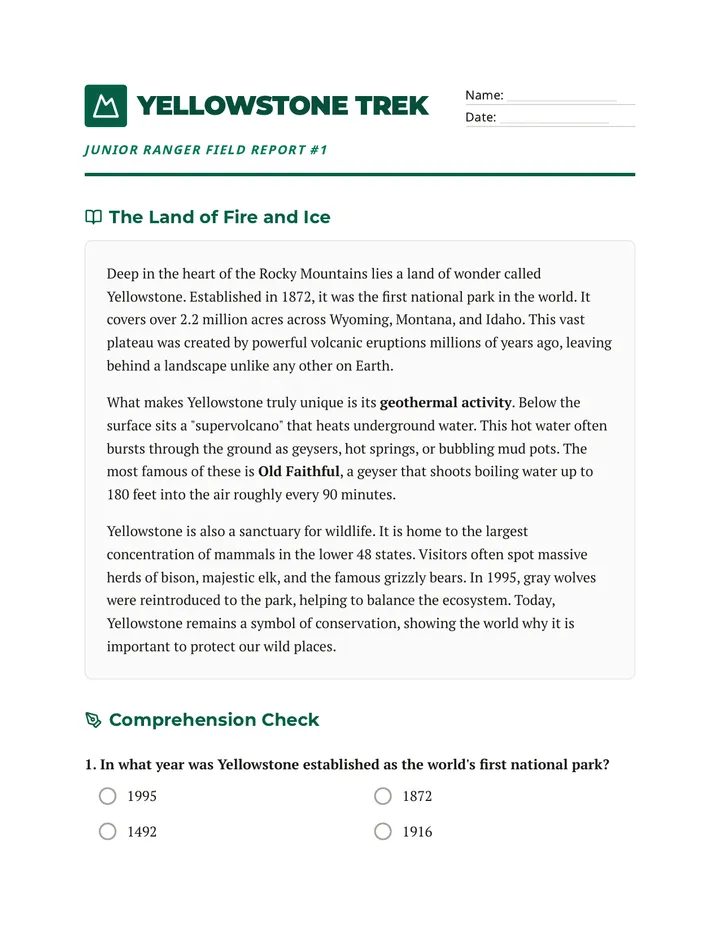 Yellowstone Trek Worksheet