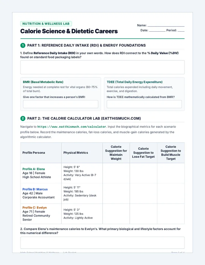 Calorie and Career Lab Worksheet