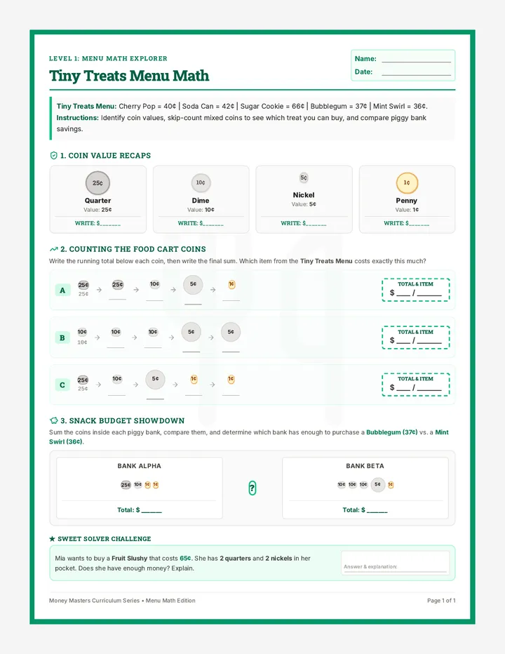 Coin Caravan Worksheet