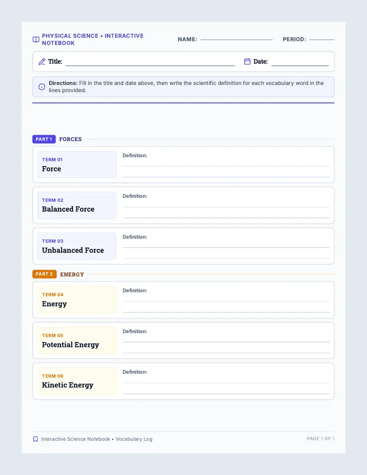 Force Energy Vocabulary Sheet