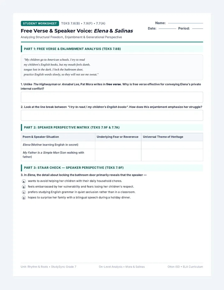 Free Verse Analysis Worksheet