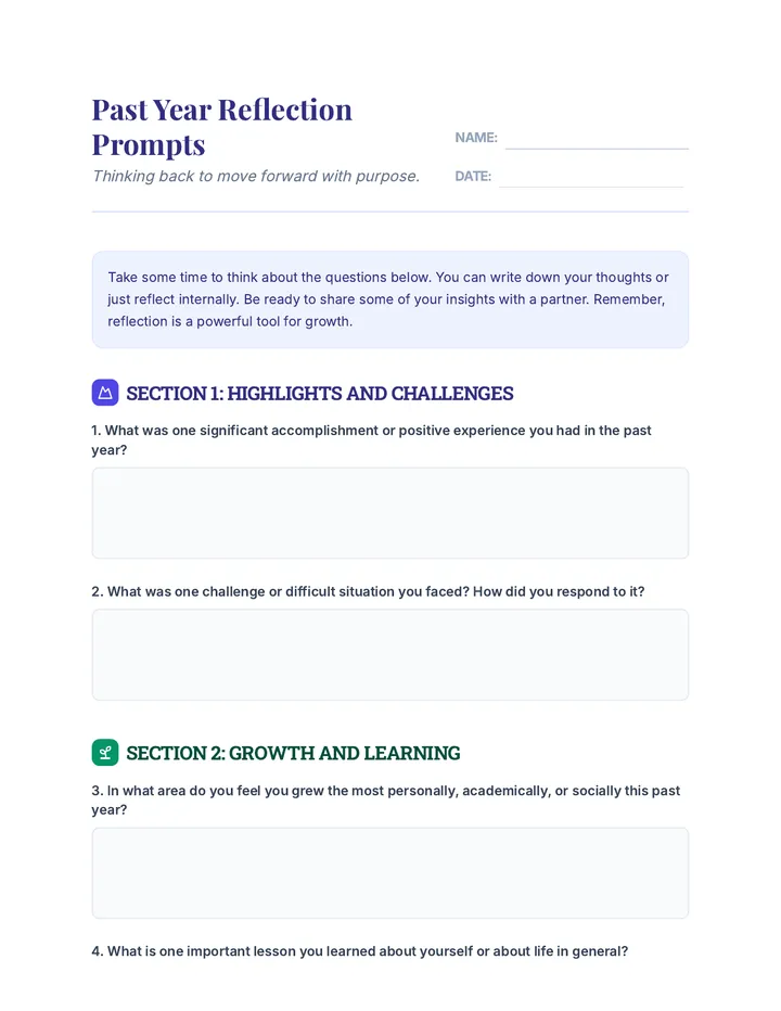 Past Year Reflection Prompts Worksheet
