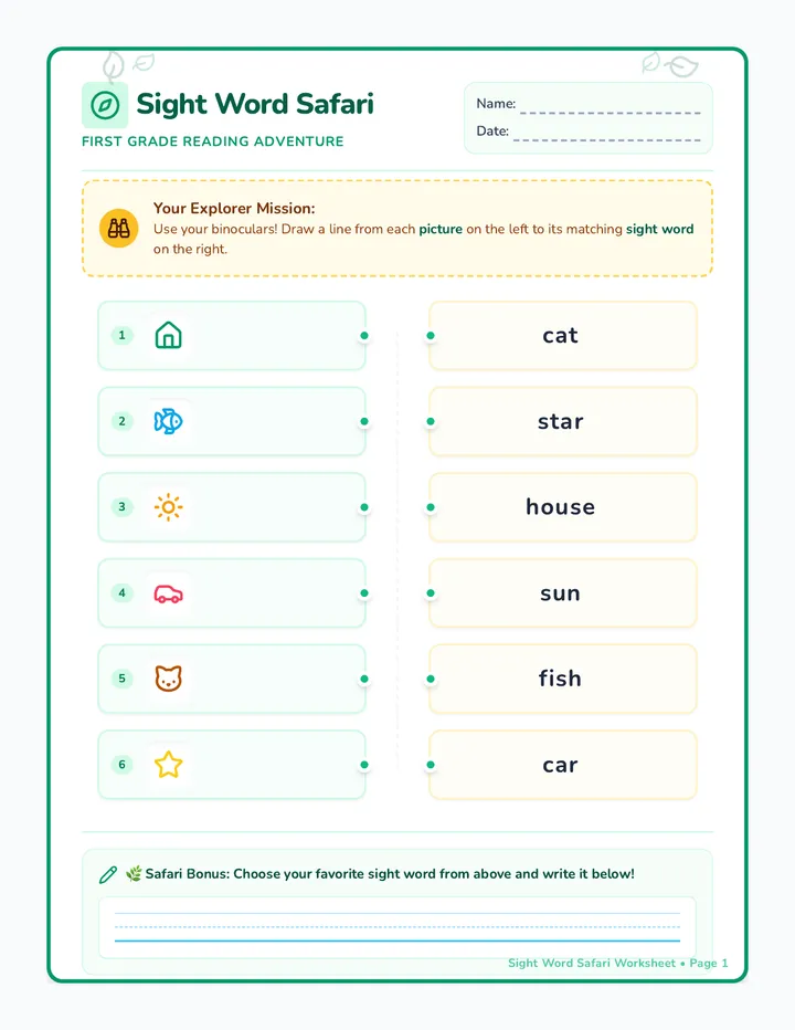 Sight Word Safari Worksheet