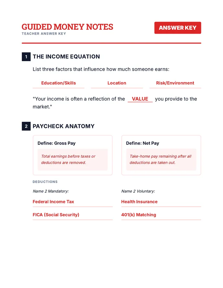 Guided Money Notes Key