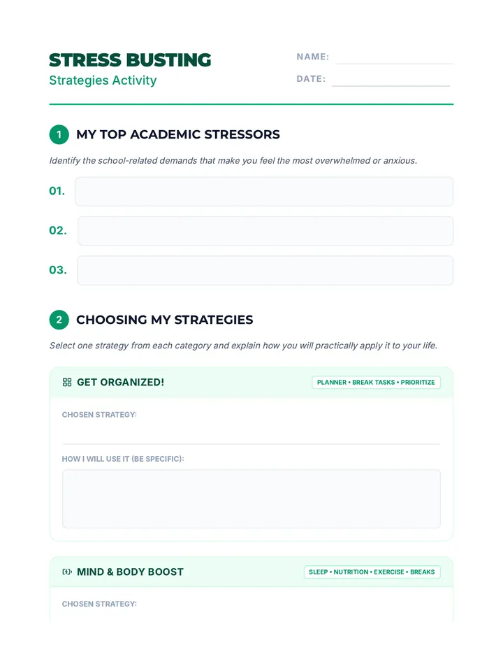 Stress Busting Activity Worksheet