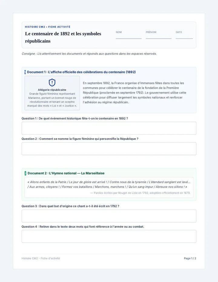 Centenaire Republique Fiche Activite