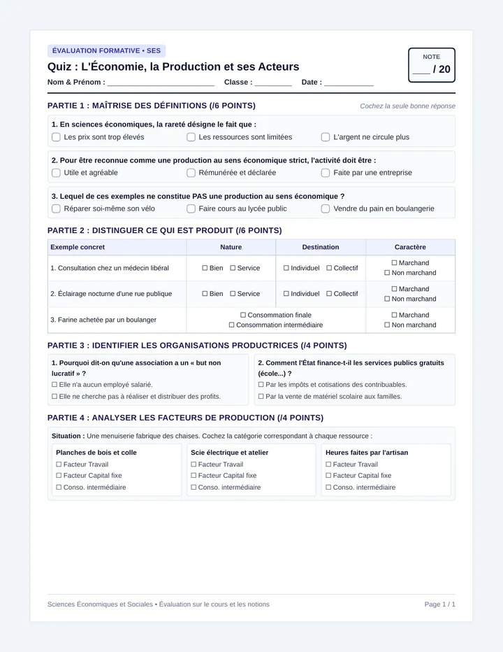 Économie et Production Quiz Évaluation