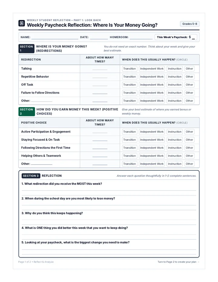 Paycheck Reflection Worksheet