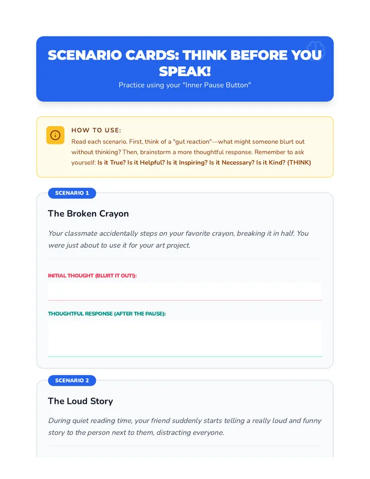 Think Before You Speak Scenario Cards Activity