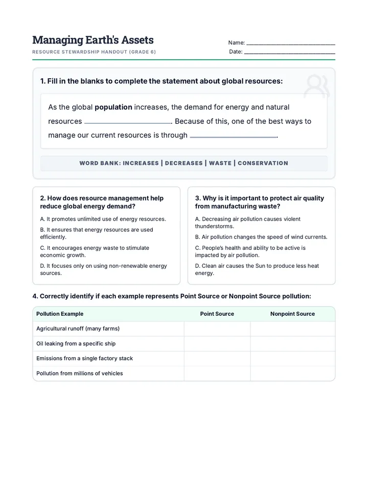 Earths Assets Worksheet