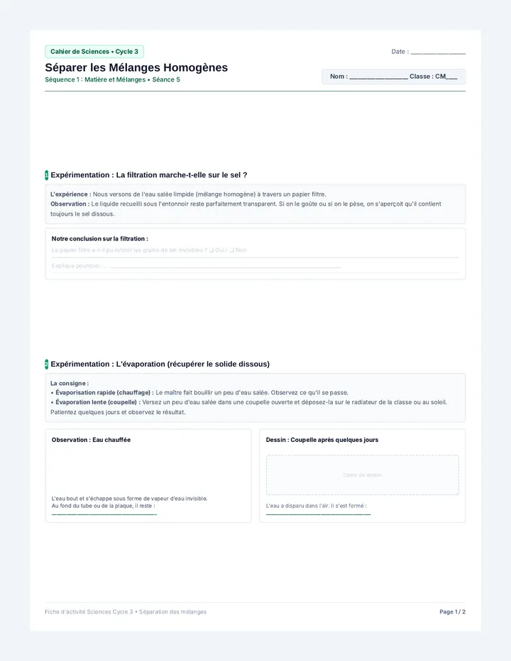 Séparation Homogène Fiche Élève
