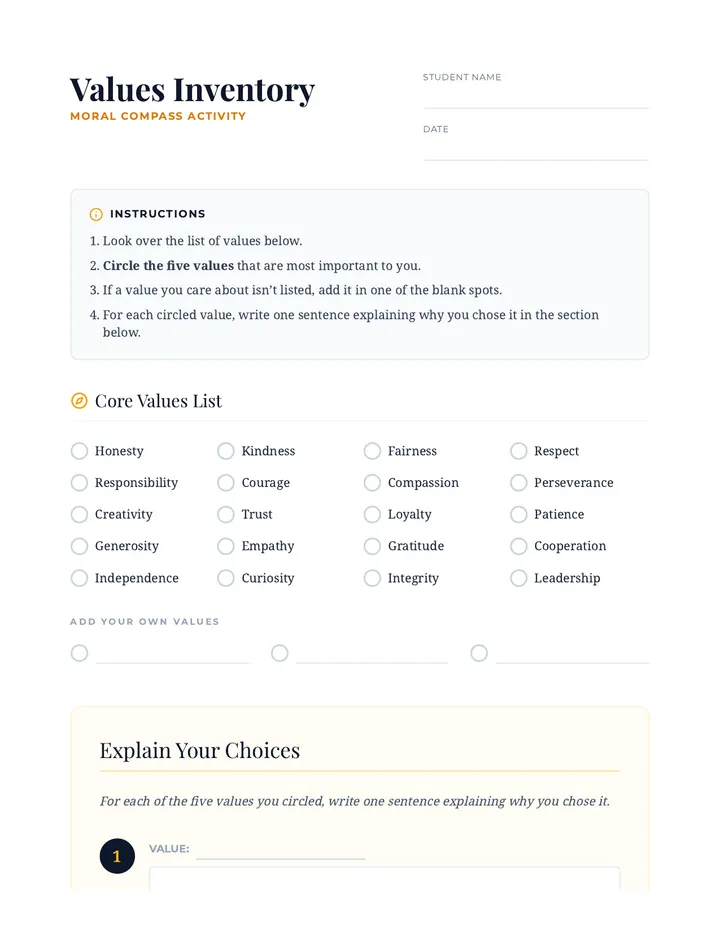 Values Inventory Worksheet