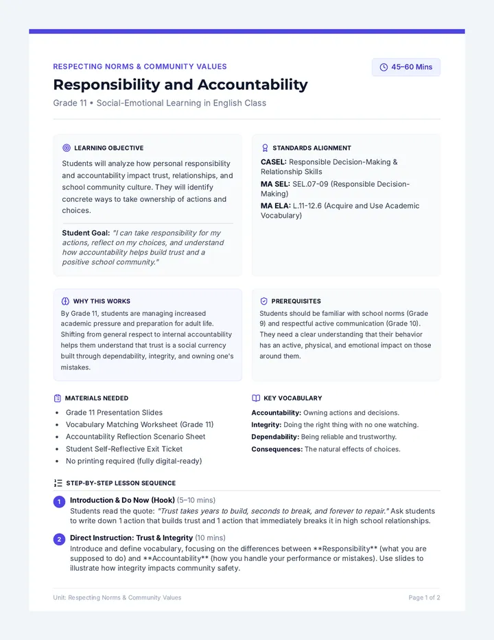 Responsibility and Accountability Teacher Guide
