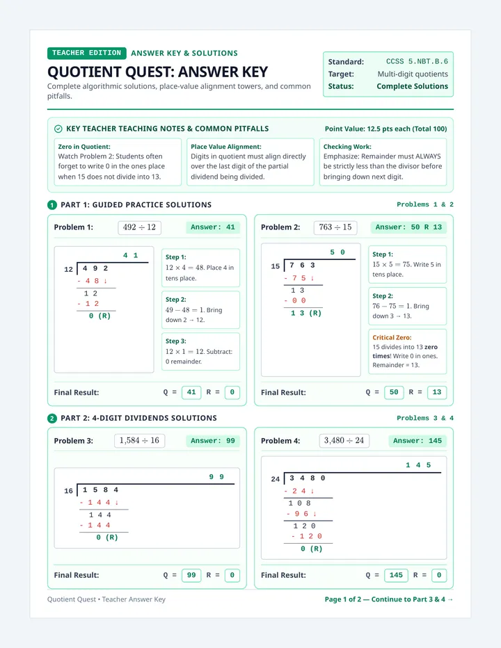 Quotient Quest Answer Key