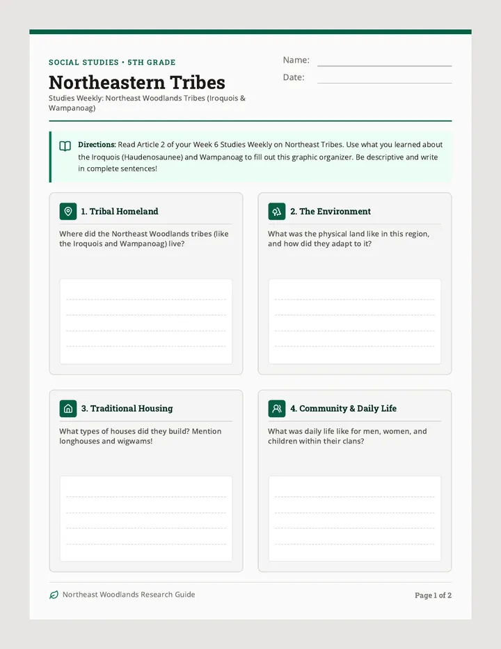 Northeastern Tribes Worksheet