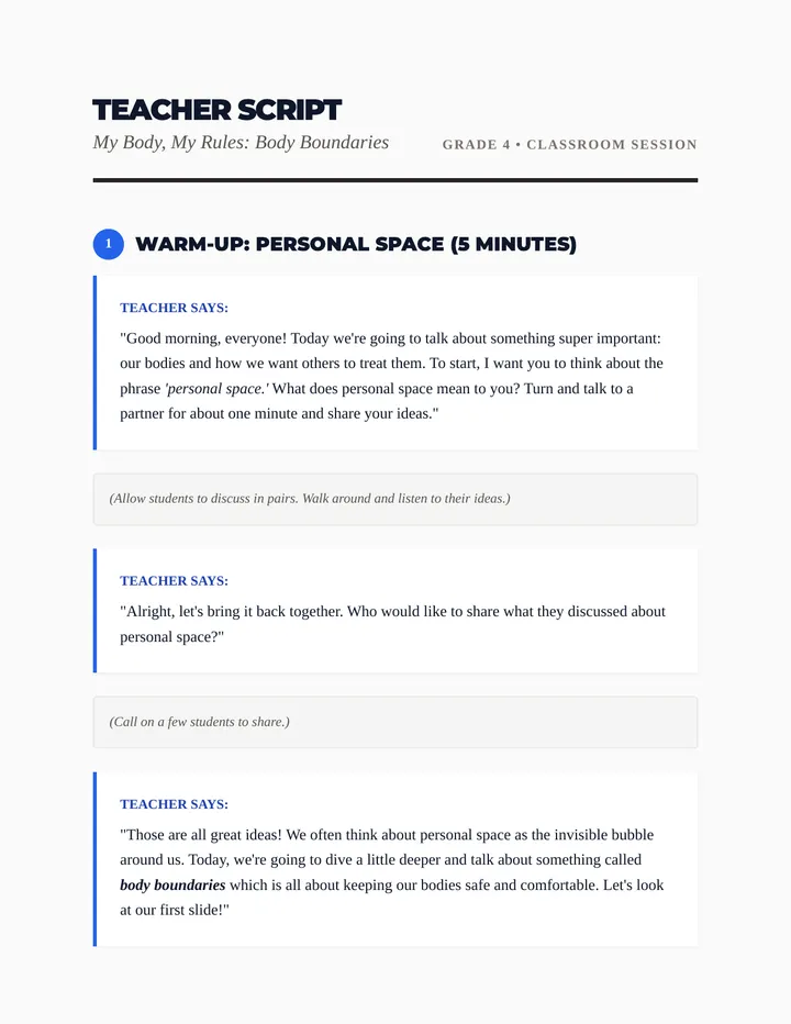 Body Boundaries Teacher Script