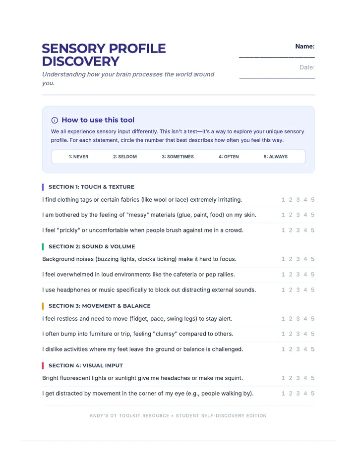Sensory Profile Discovery Worksheet Plus Score Key