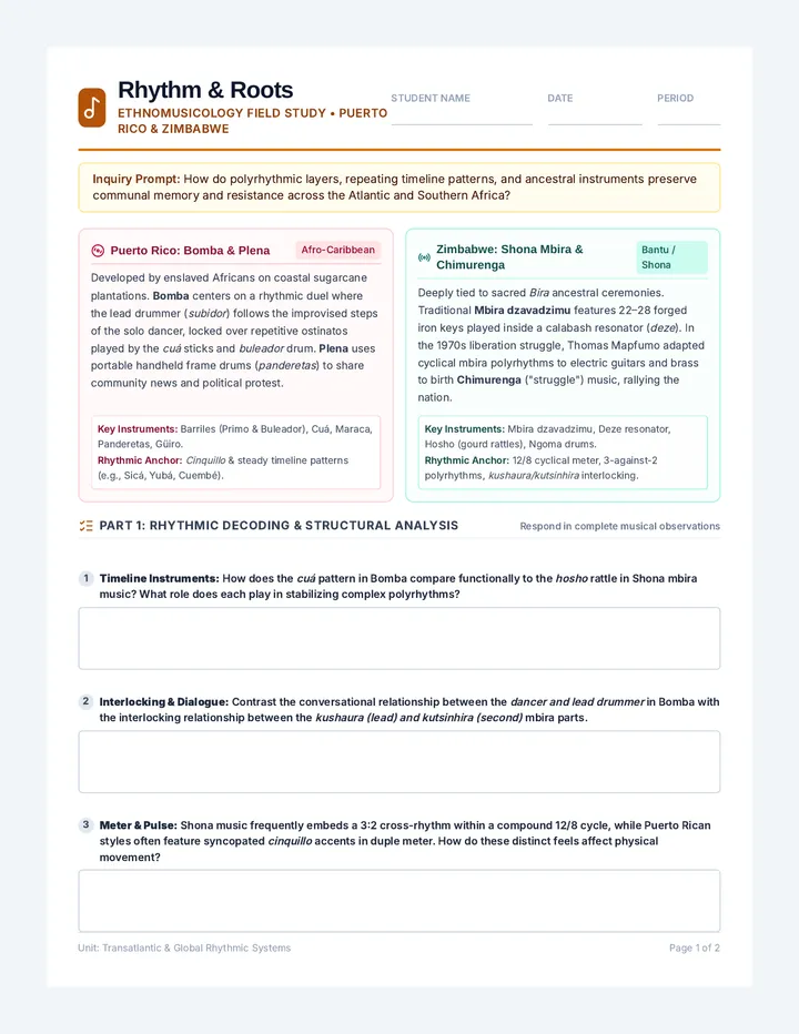 Rhythm Roots Comparison Worksheet