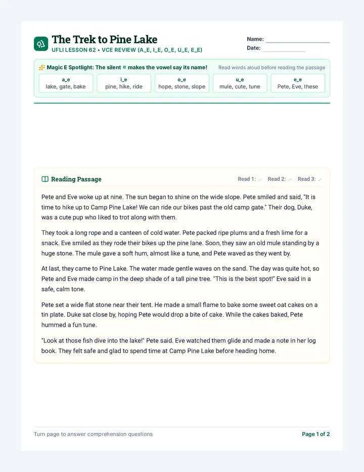 Pine Lake Story Worksheet