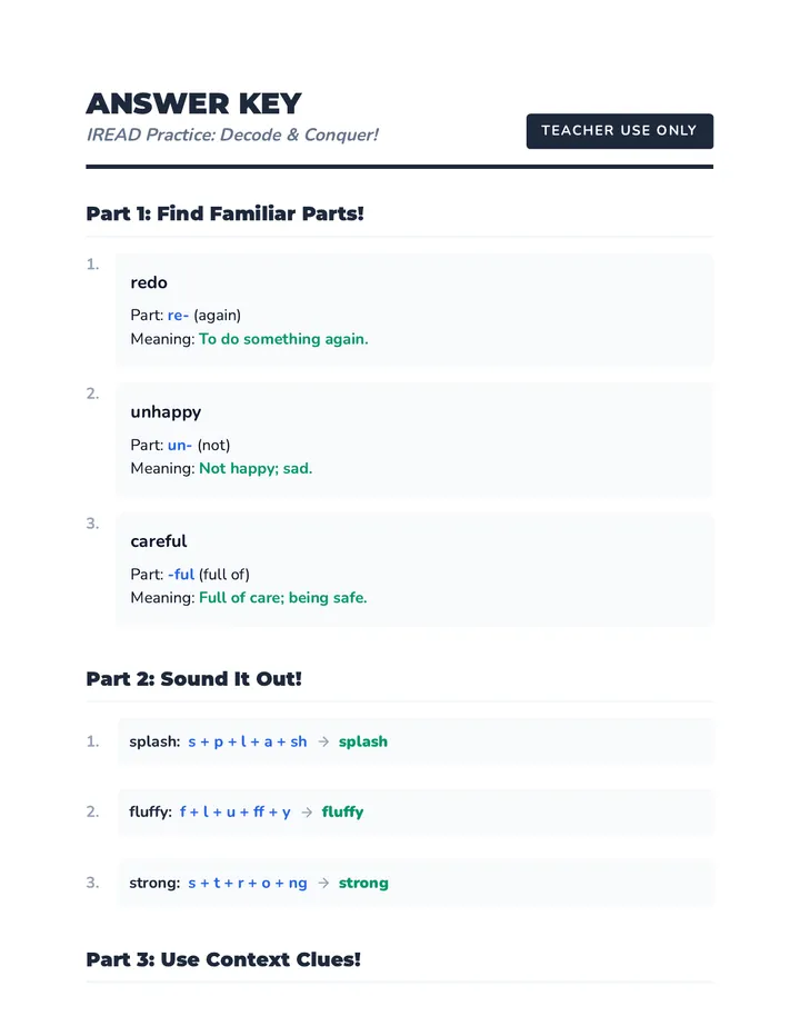IREAD Practice Answer Key