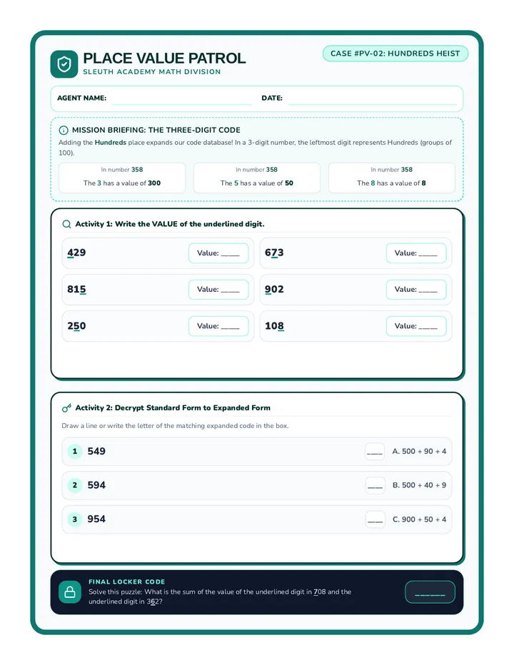 Hundreds Heist Worksheet