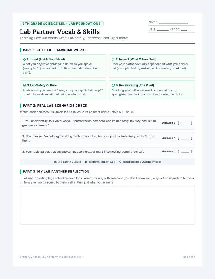Lab Discourse Vocab Worksheet