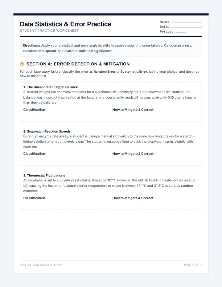 Data Statistics and Error Practice Worksheet