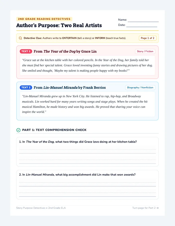 Author Purpose Comparison Worksheet