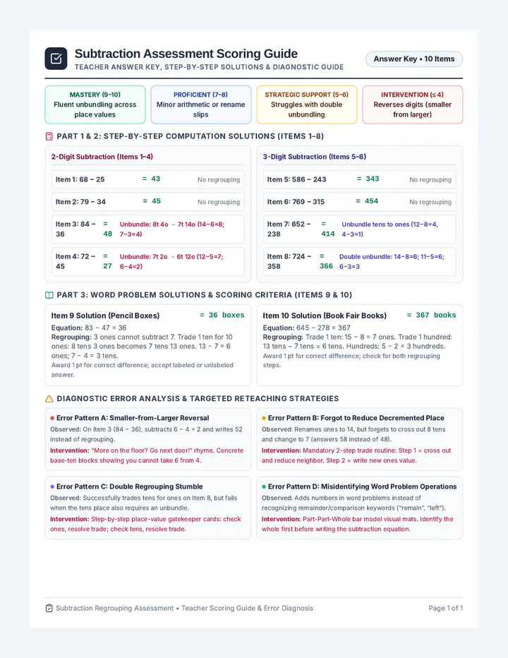Subtraction Regrouping Scoring Guide